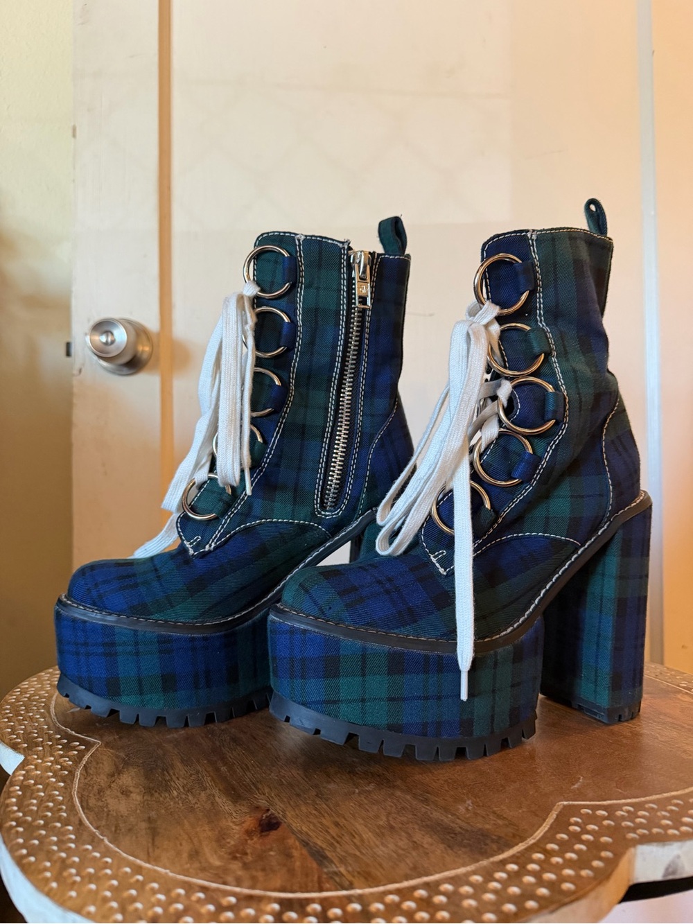 Dolls Kill Current Mood Sikk Nancy Tartan Plaid Platform Ankle O-Ring Boots - Picture 7 of 15